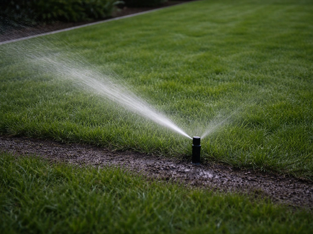Arroseur automatique en marche le soir, jet d’eau régulier sur une pelouse fraîchement installée, sol humide.