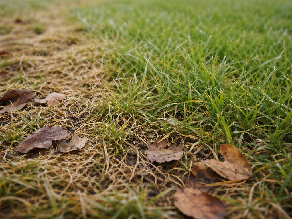 Pelouse de kikuyu jaunie en hiver avec traces légères de gel et une repousse visible à côté.