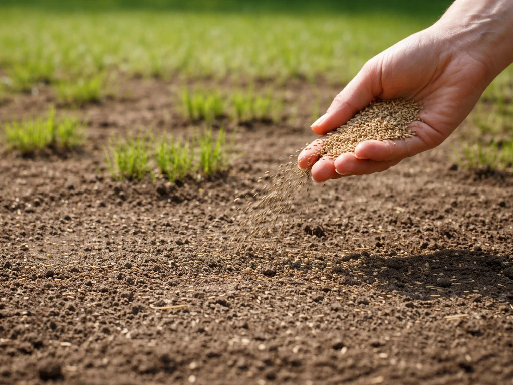 Semis de gazon juste après ensemencement, sol fin et graines visibles, épandage à la main, arrière-plan vert tendre.
