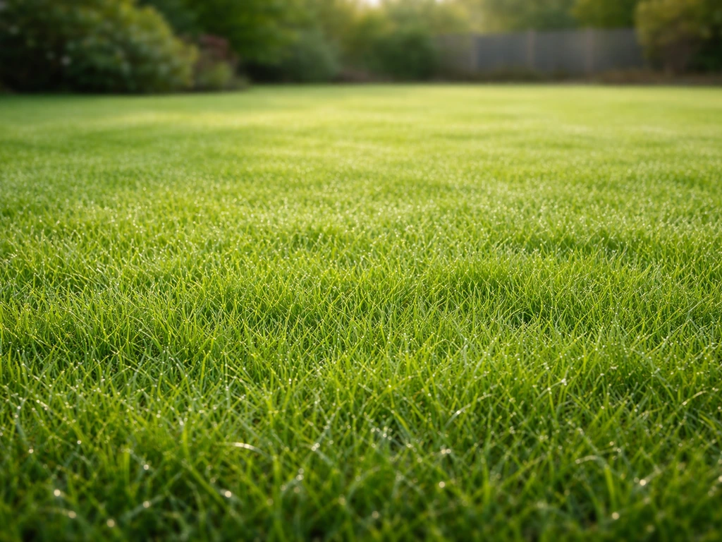 Pelouse verte dense et homogène, brins d’herbe frais avec rosée, jardin minimal et discret.