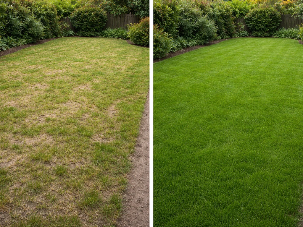 Même jardin : à gauche pelouse clairsemée après semis, à droite pelouse plus dense et uniforme en croissance.