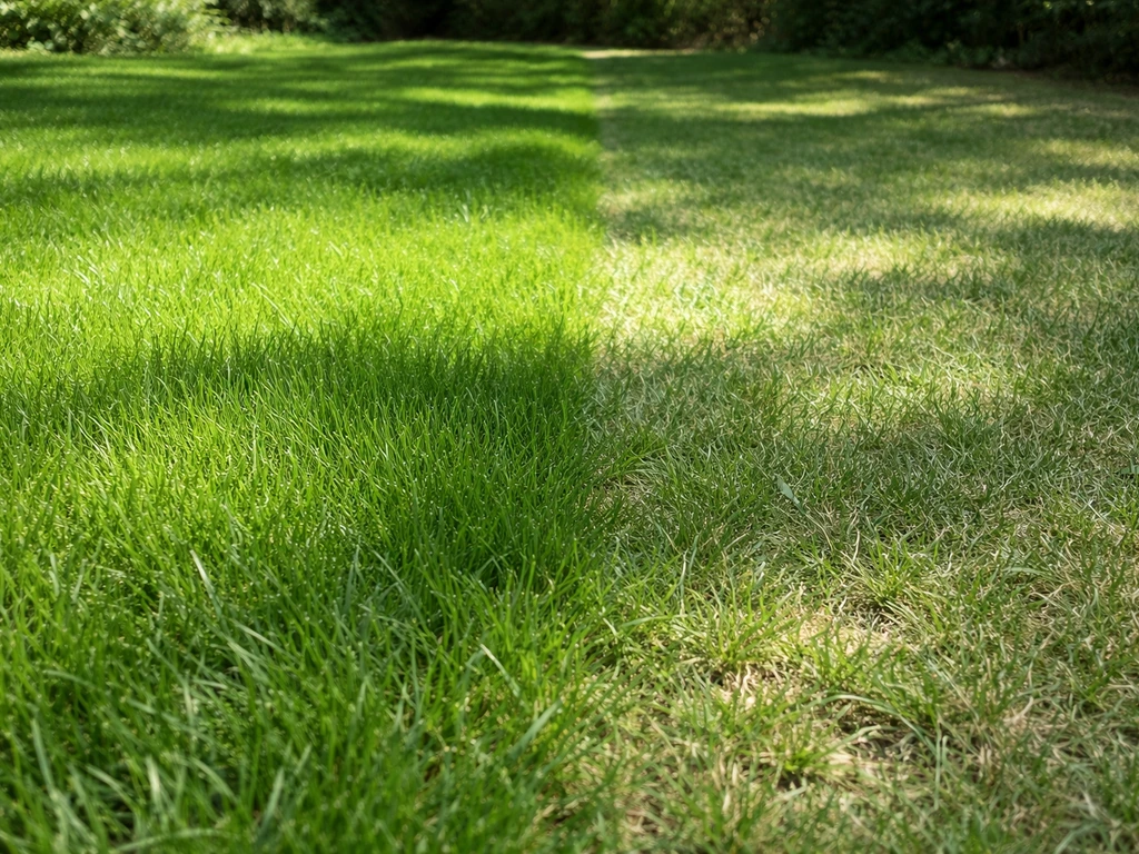 Jardin divisé en deux zones : gazon vert en plein soleil et pelouse plus claire en mi-ombre.