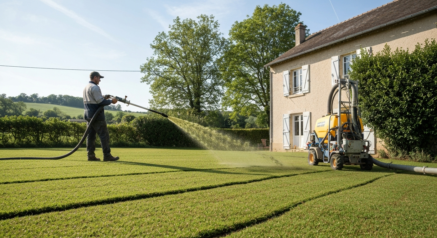 Opération d'hydroseeding : hydroseeder projette un mélange fibreux sur un talus en pente, opérateur avec lance, paysage rural français en arrière-plan.