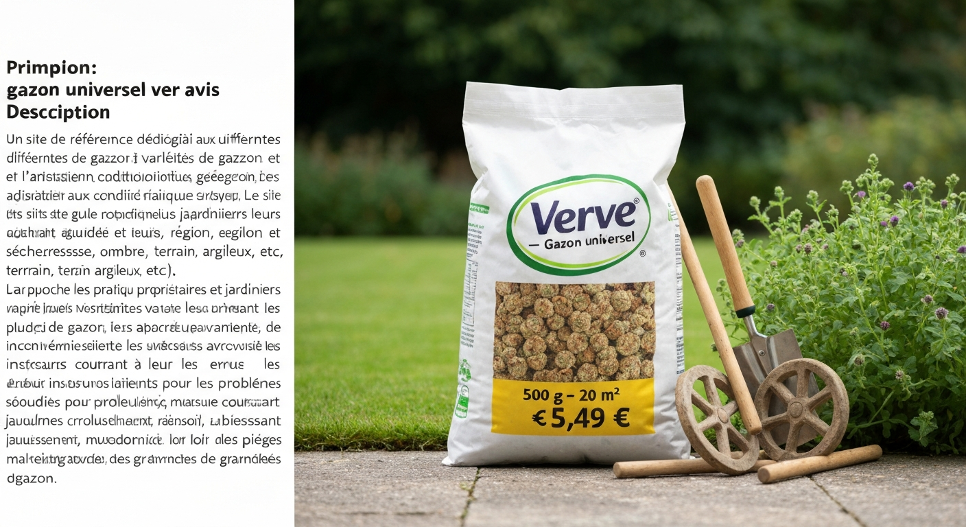 Sac de semences « Verve — Gazon universel » posé au premier plan sur une pelouse verte, avec râteau et arrosoir en arrière-plan.