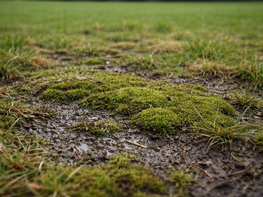 Mousse épaisse sur un gazon compacté et mal drainé, avec une zone de pelouse plus saine en arrière-plan.