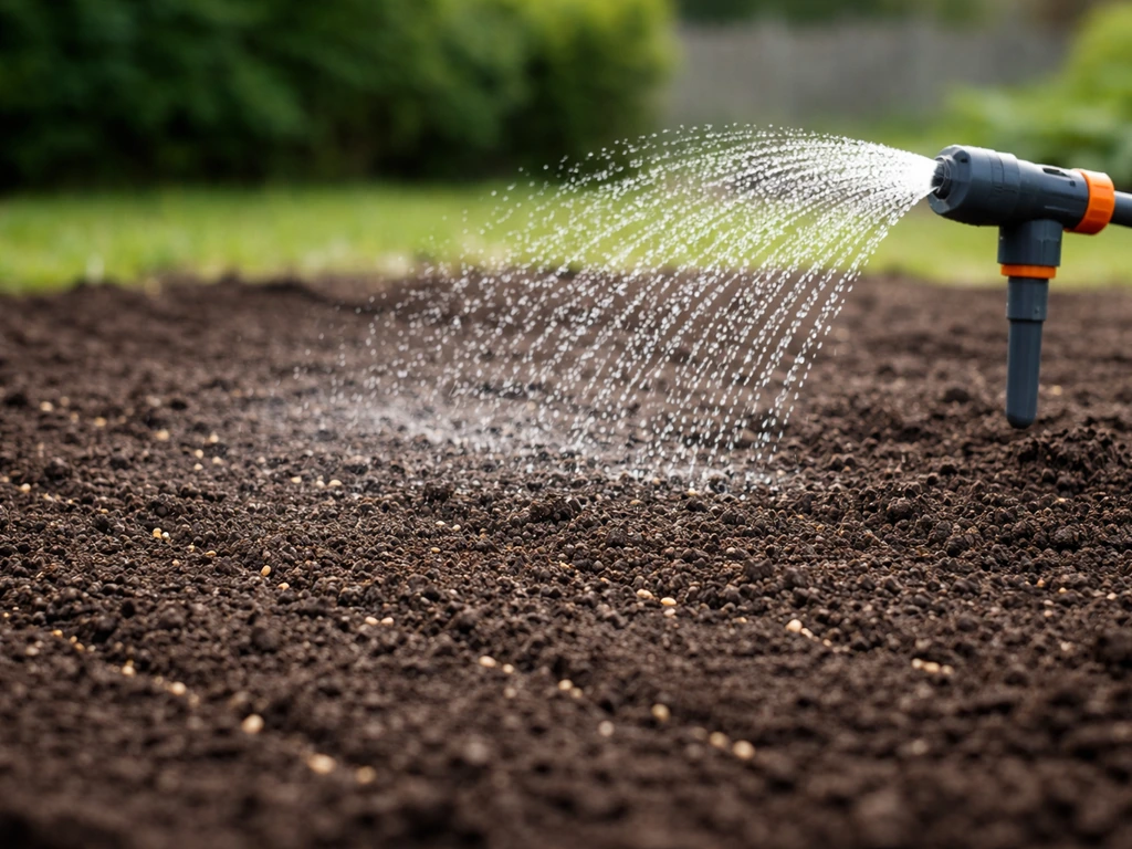 Pluie fine sur une terre fraîchement scarifiée, arroseur réglé pour garder les premiers centimètres humides.