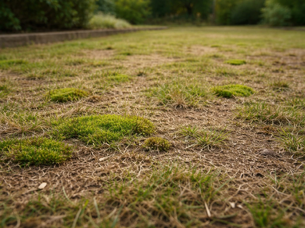Pelouse après scarification : mousse persistante et zones clairsemées visibles, vue au sol.