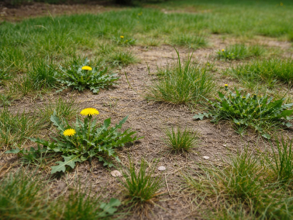 Pelouse clairsemée avec mauvaises herbes poussant dans les zones dégarnies, vue nette au ras du sol.