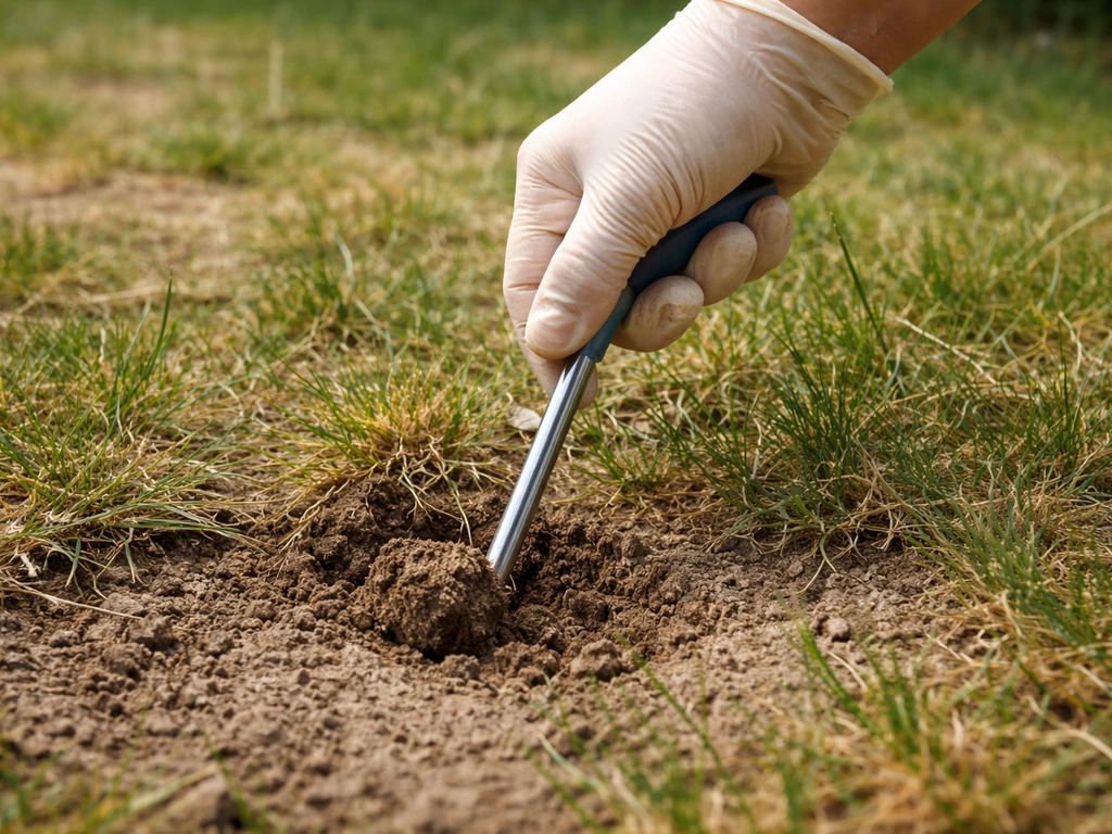Un tournevis/sonde enfoncé dans le sol près d’une pelouse clairsemée pour montrer une compaction.