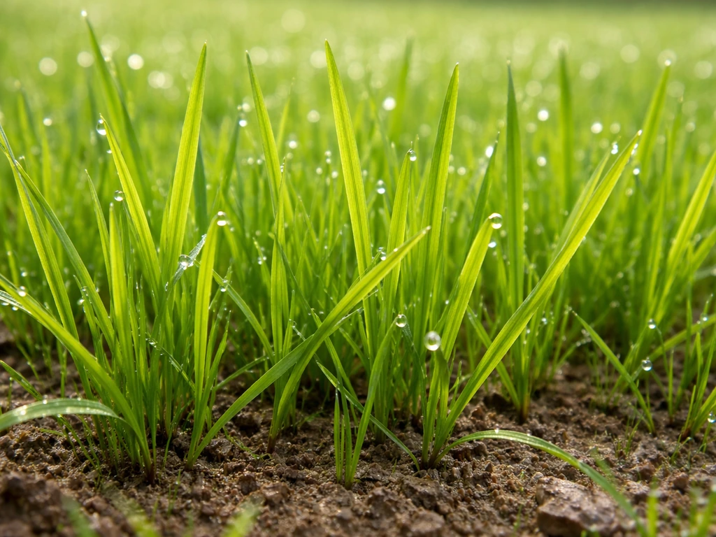 Gros plan de jeunes brins de ray-grass anglais vert, sol humide, lumière naturelle.