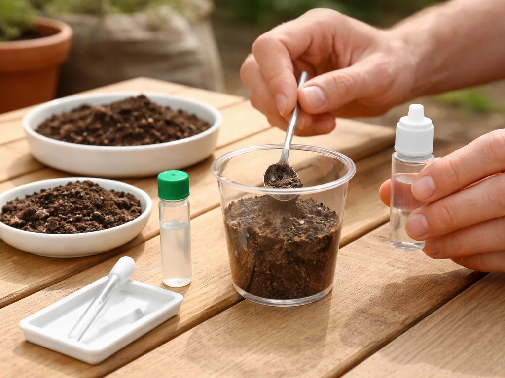 Personne utilisant un kit de mesure du pH du sol, échantillon de terre et flacon de réactif sur une table.