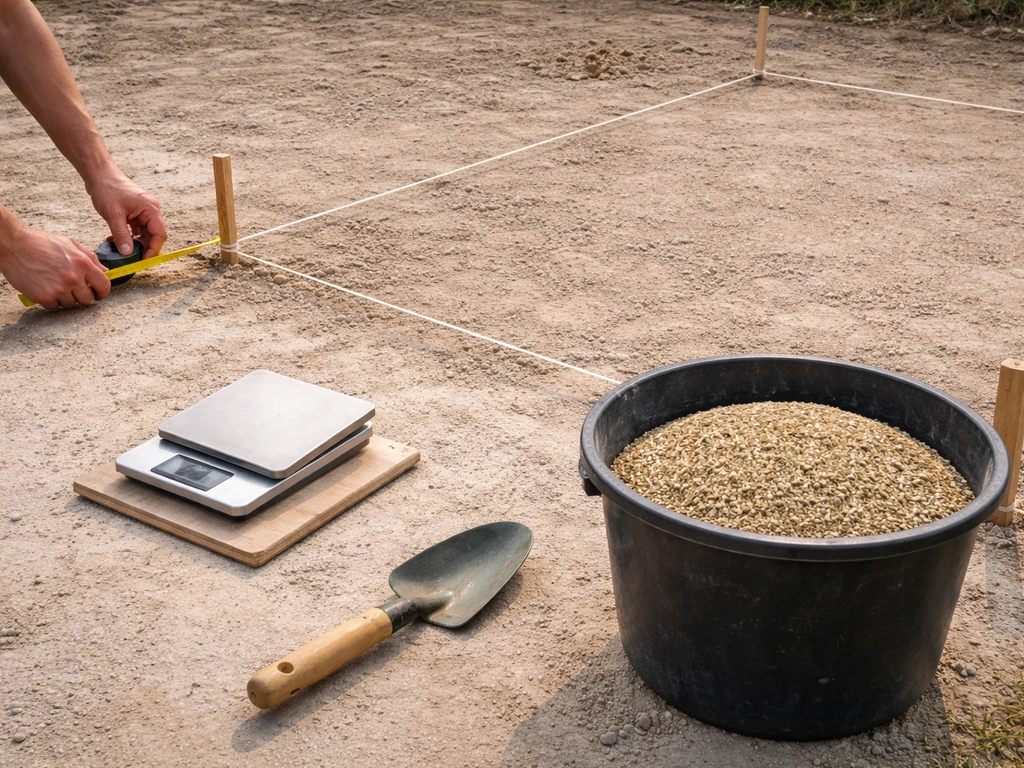 Périmètre au cordeau, mètre ruban et balance avec un seau de semences pour estimer des kg à acheter.