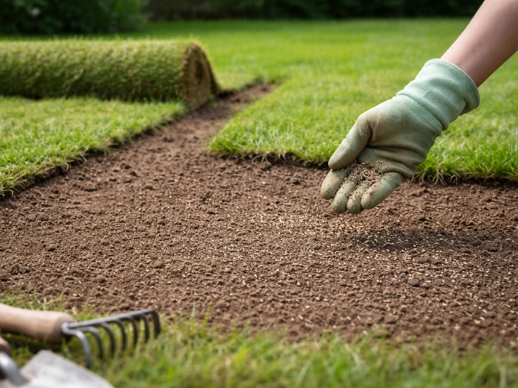 Deux options de gazon naturel : graines sur sol préparé et rouleau de gazon posé dans un jardin français.