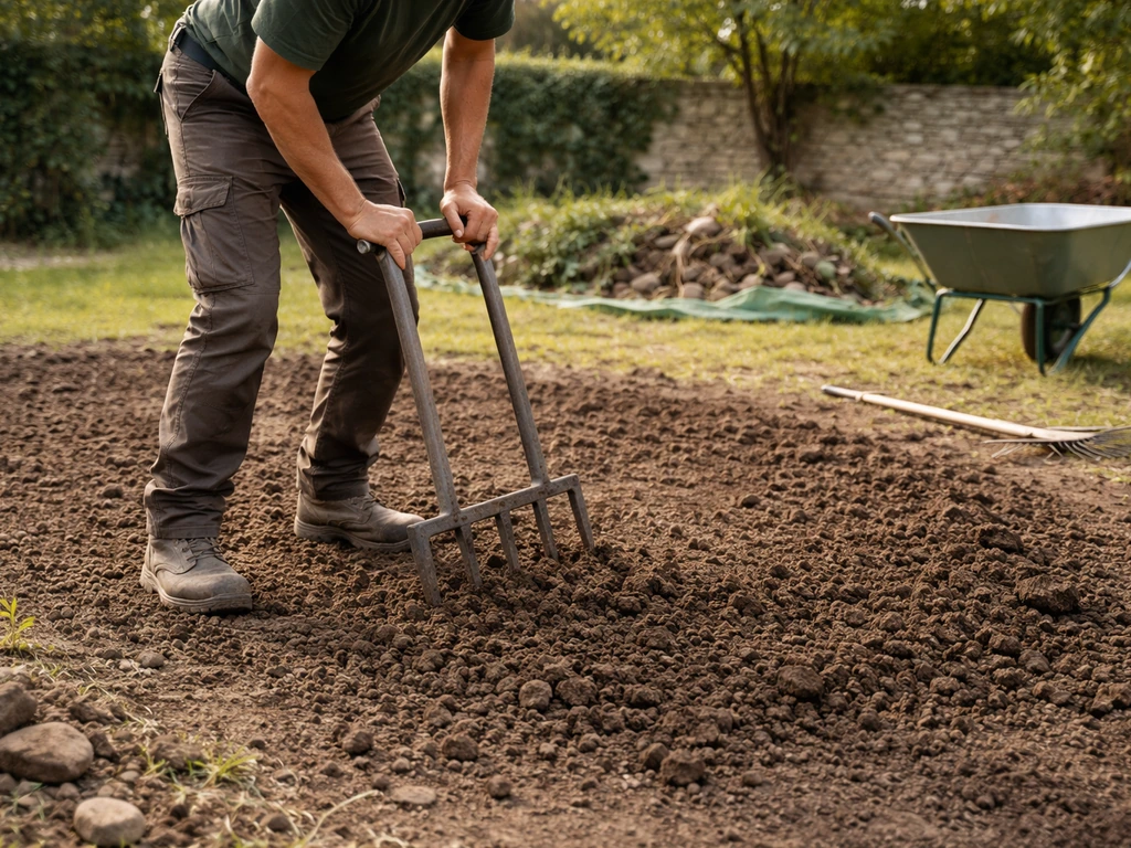Jardinier au travail : déblaiement, émiettement et nivellement d’un sol avant semis, outils à la main.