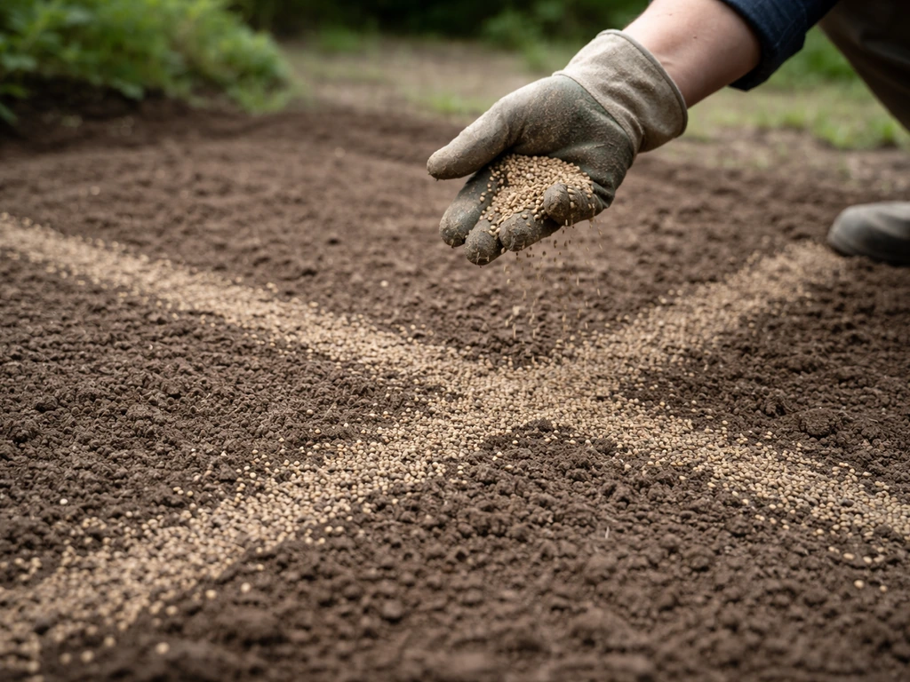 Geste de semis : mains épandant des graines sur une terre préparée, avec un léger recouvrement visible.