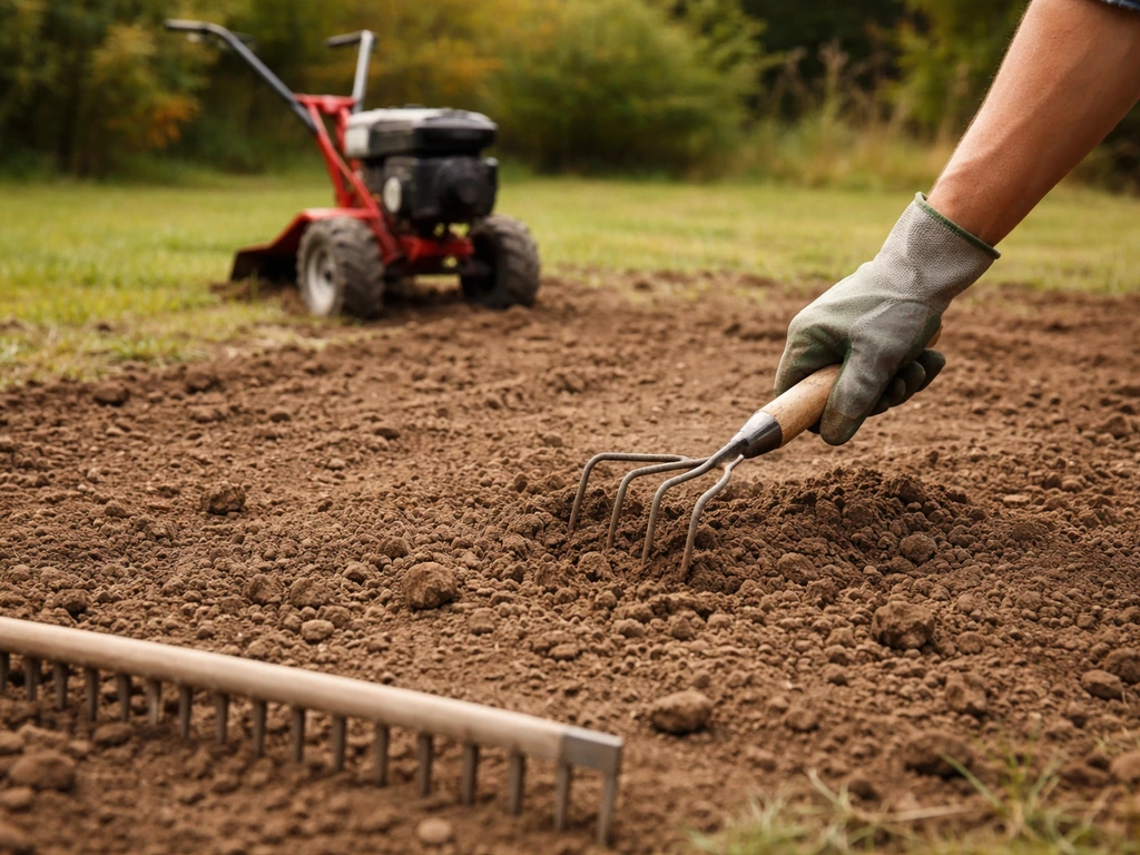 Un jardinier prépare le sol pour semer du gazon : motoculteur, ratissage et nivellement sur une pelouse nue.