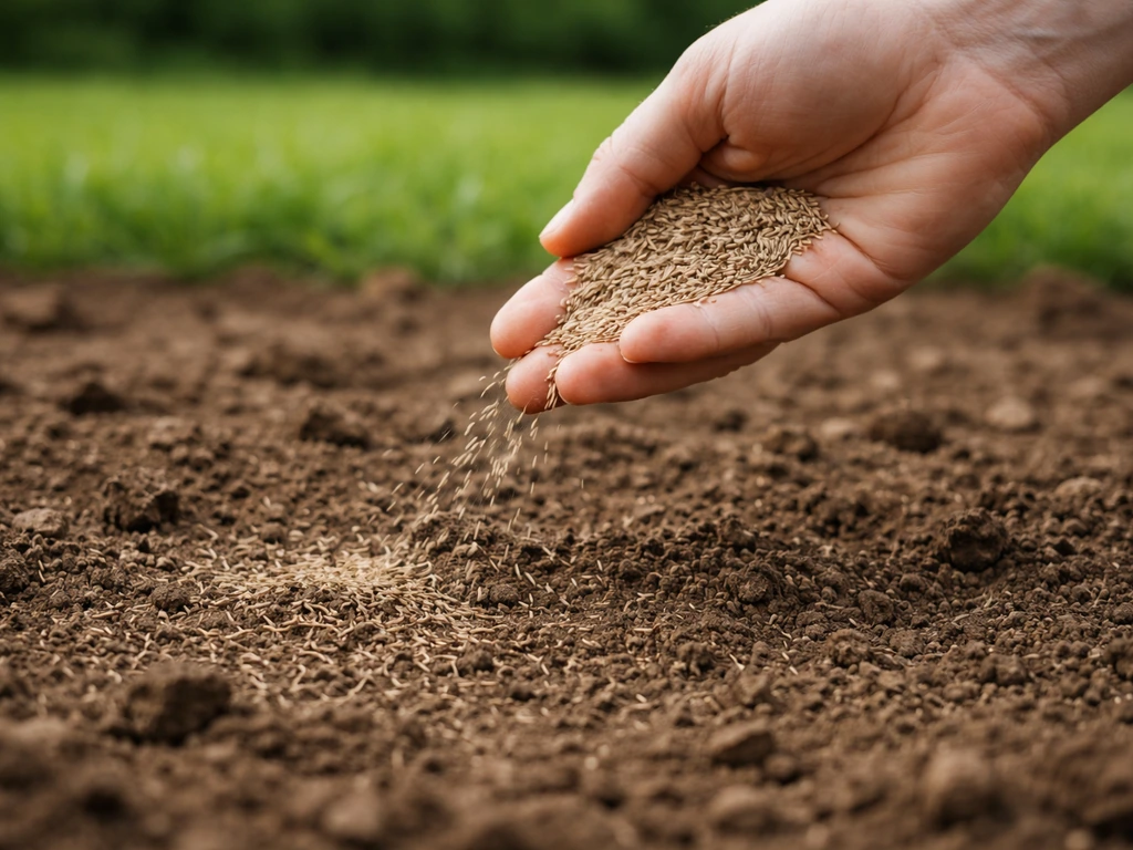 Gros plan sur une main qui répartit des graines de ray-grass sur un sol nu, pelouse jeune floue en arrière-plan.