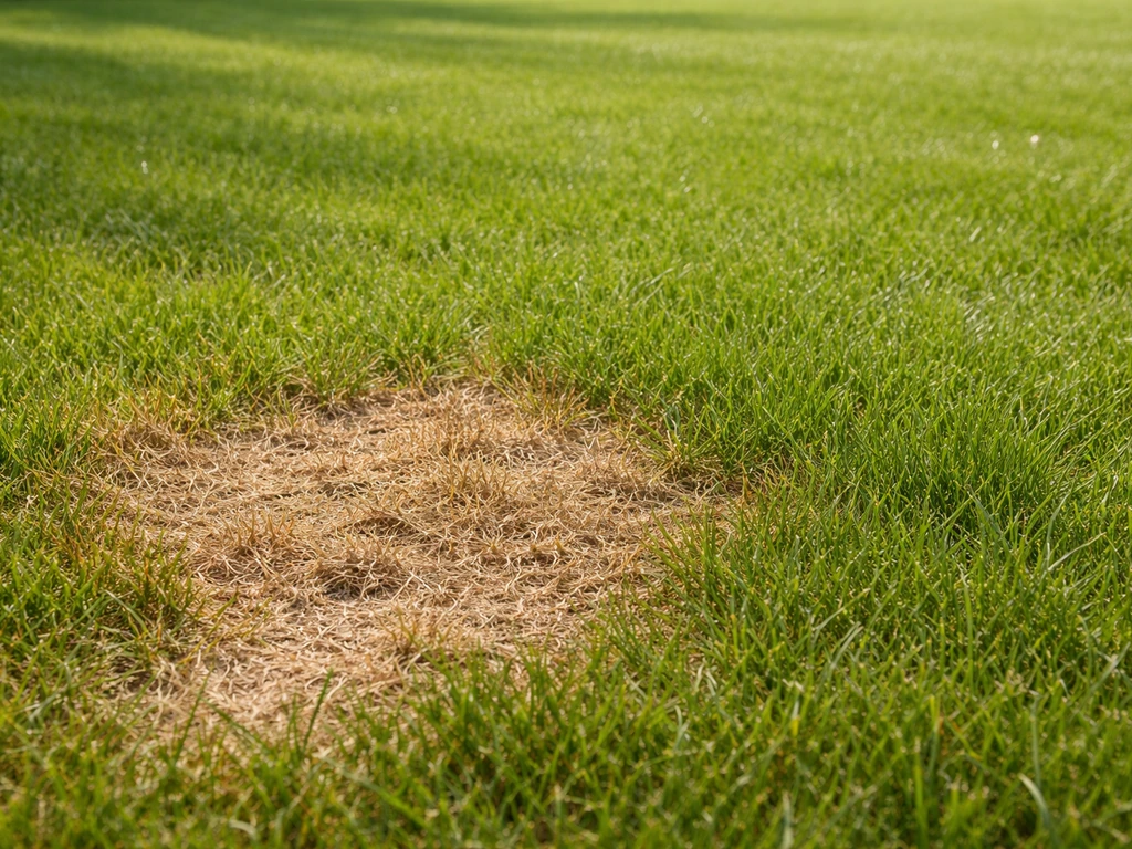 Pelouse avec une zone sèche brûlée en été, l’herbe verte autour, vue réaliste et minimaliste