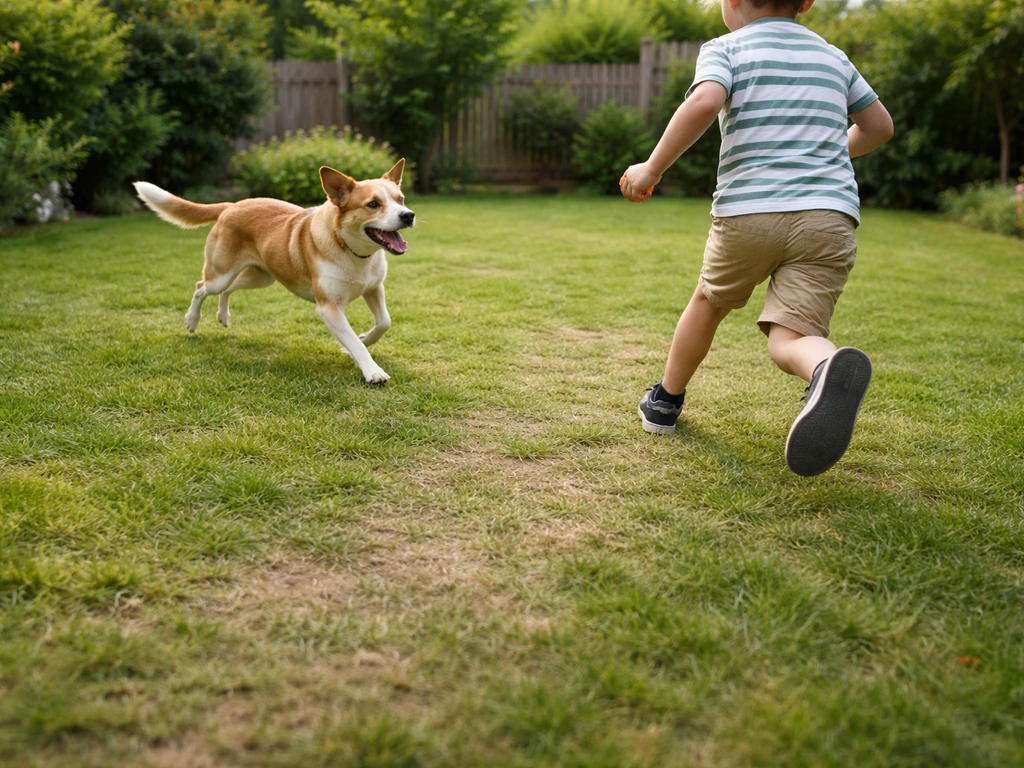 Enfants et chien jouent dans une pelouse abîmée par les passages, jardin résidentiel minimal.