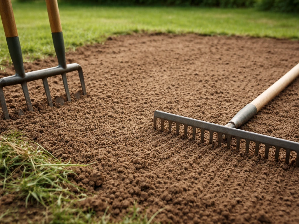 Terre finement préparée pour le semis, grelinette et râteau au premier plan, jardin minimal après désherbage.