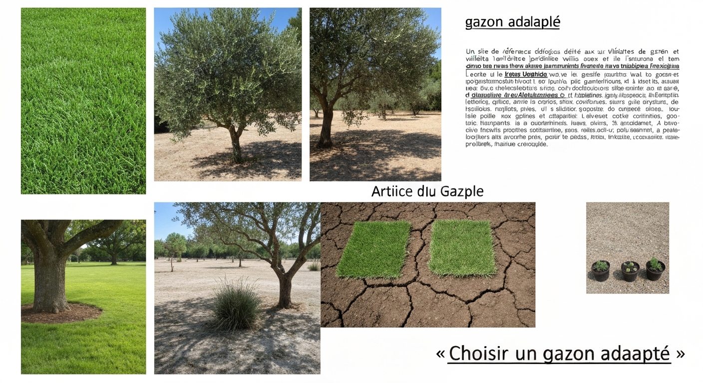 Collage montrant quatre situations de pelouse en France : gazon océanique vert, gazon méditerranéen brun, pelouse ombragée avec mousse et sol argileux compact avec outils.
