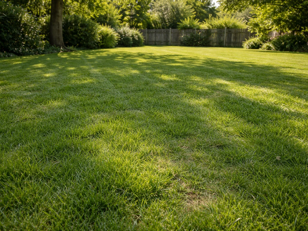 Pelouse dense et verdoyante dans un jardin français, ombre d’arbres et traces légères de piétinement.