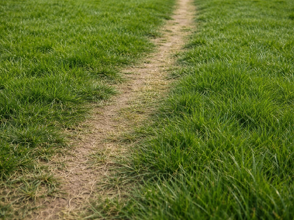 Pelouse avec bandes de piétinement : zones plus vertes ailleurs, traces d’usure près du passage