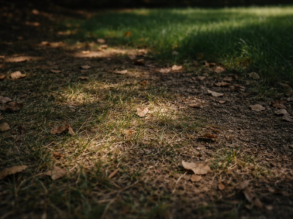 Gazon clairsemé et ombragé sous un arbre, brins fins visibles entre le sol, avec une zone plus dense en contrepoint.