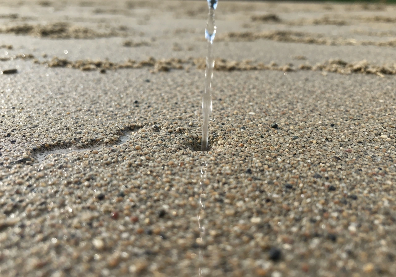 Gros plan sur un sol sableux et gravillonneux où l’eau s’infiltre vite, pelouse jaunie en arrière-plan.