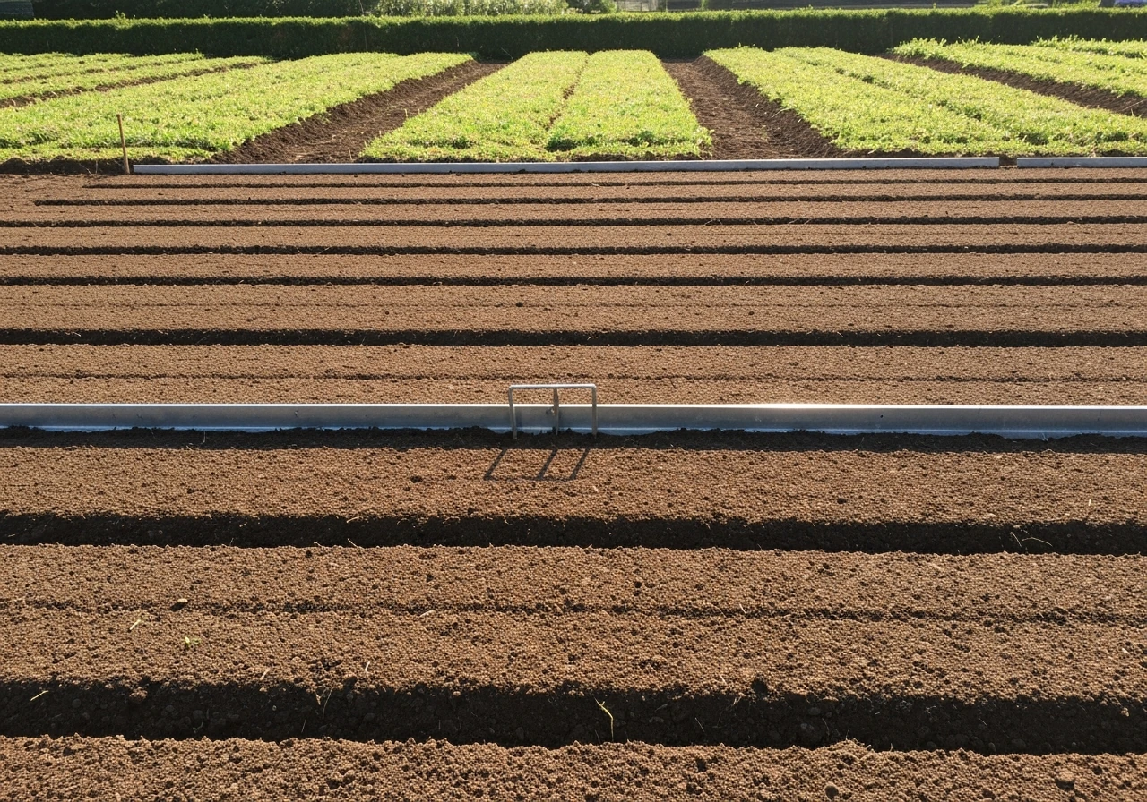 Sol potager décompacté et émietté, grelinette posée, surface nivelée prête pour le semis.
