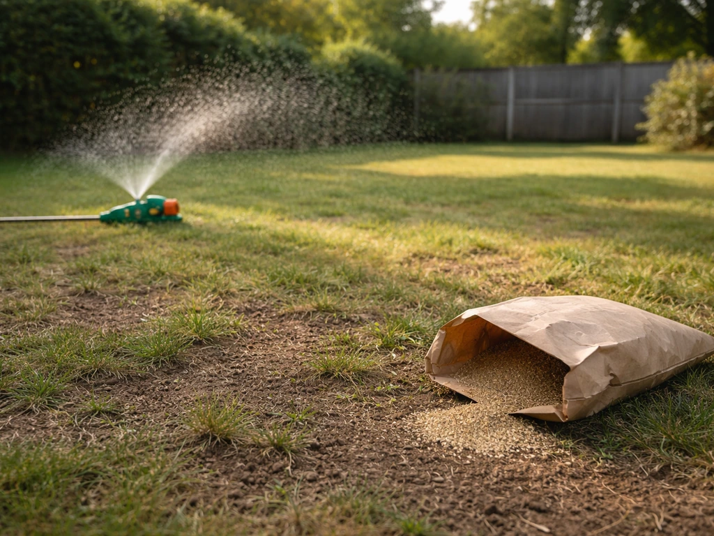 Pelouse clairsemée à regarnir, arroseur et semences visibles dans un jardin français, sans personnes.