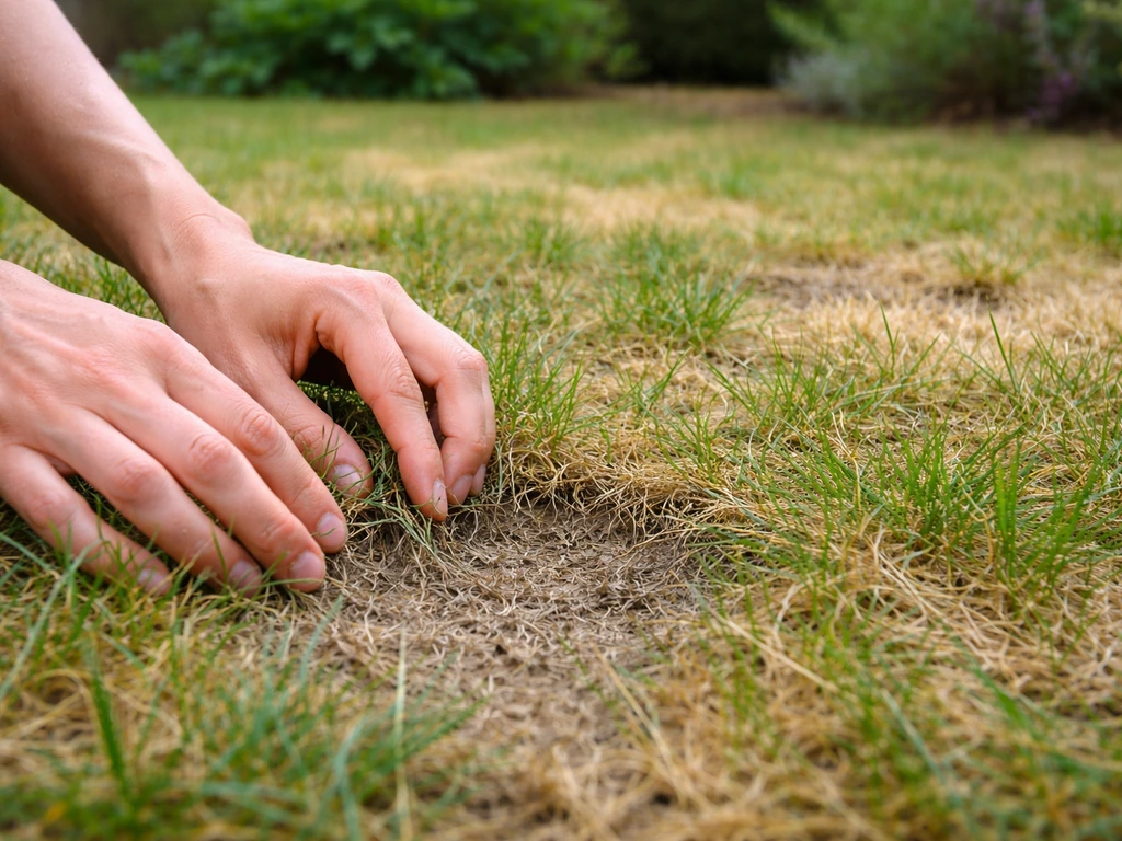 Pelouse avec zones nues, herbe clairsemée et feutre visible, mains écartant l’herbe pour diagnostiquer.