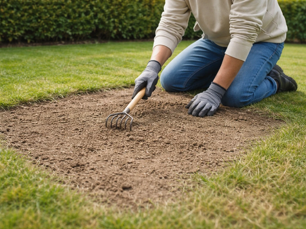Jardinier anonyme travaillant une pelouse regarnie : tonte courte puis griffage léger près des zones à resembler.