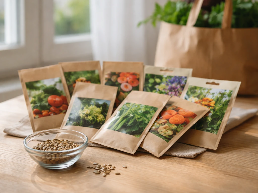 Sachets de semences de regarnissage sur une table près d’une fenêtre, éclairage naturel, vue produit.