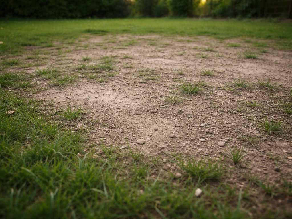 Pelouse fraîchement semée avec zones sans levée, surface lisse et croûtée, avant une reprise