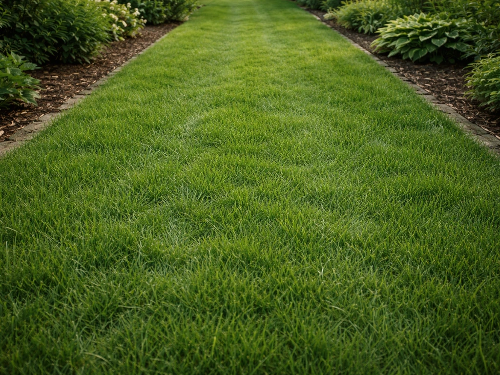 Allée de jardin piétinée avec une pelouse dense et homogène, bords nets, texture réaliste après semis.