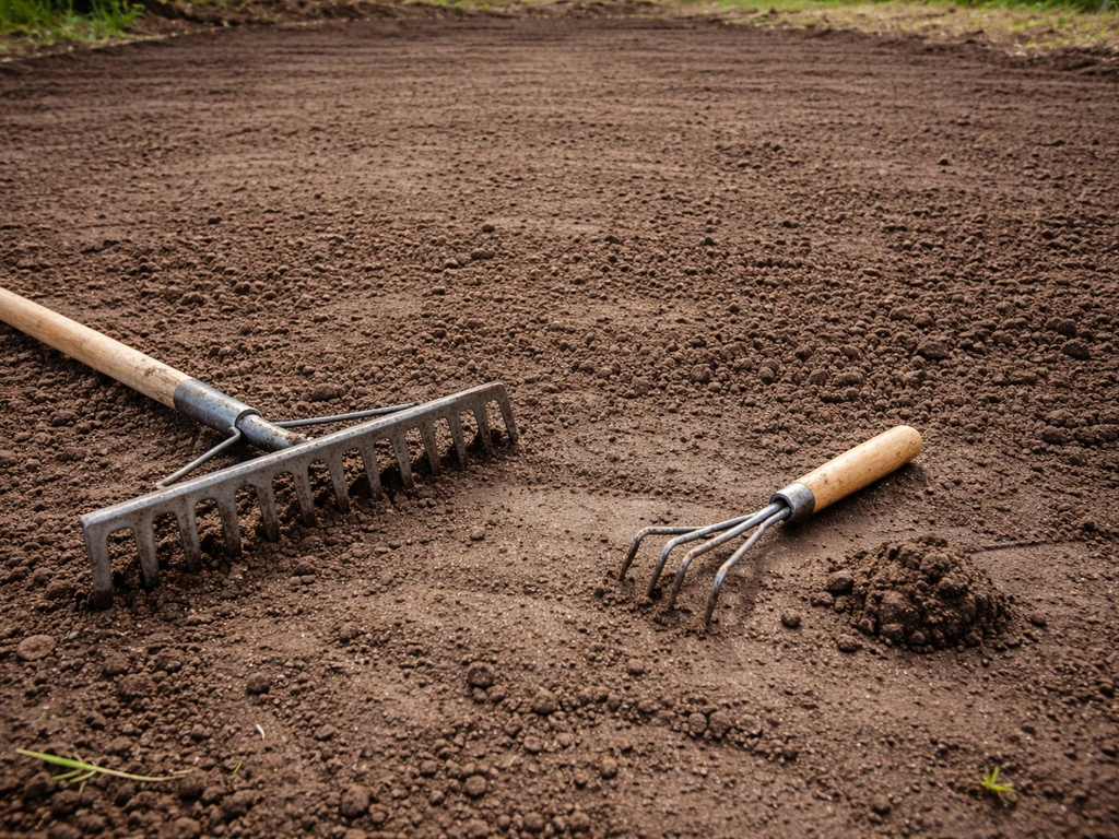 Mise en place d’un terrain : terre humide nivelée et outils de jardinage posés près du sol pour gazon