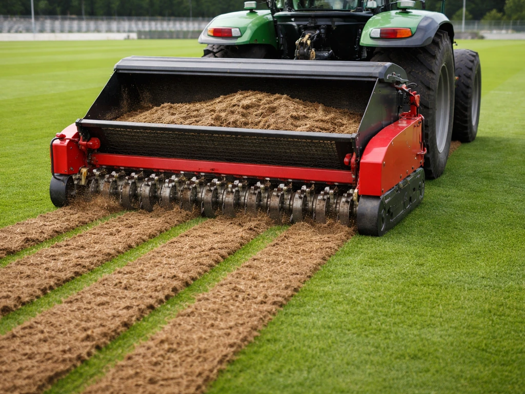 Machine de scarification sur un gazon de stade, feutrage soulevé et résidus évacués dans un collecteur.
