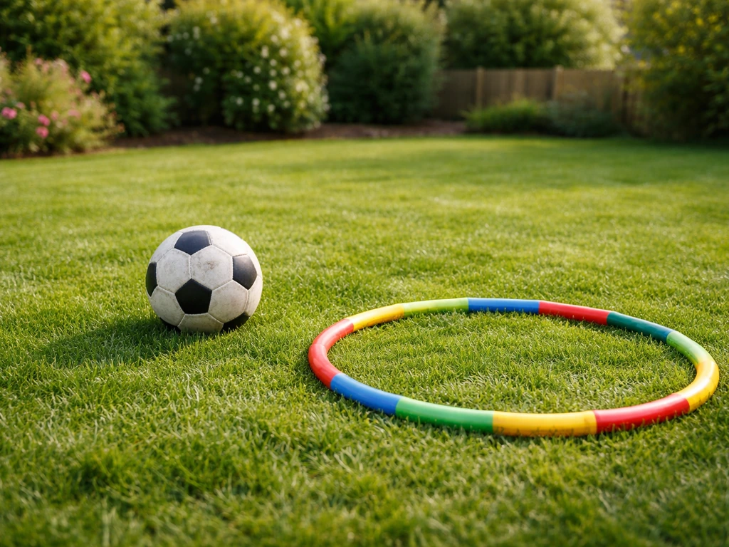 Gazon sport d’une aire de jeux avec ballon et cerceau au sol, léger piétinement, rendu naturel.