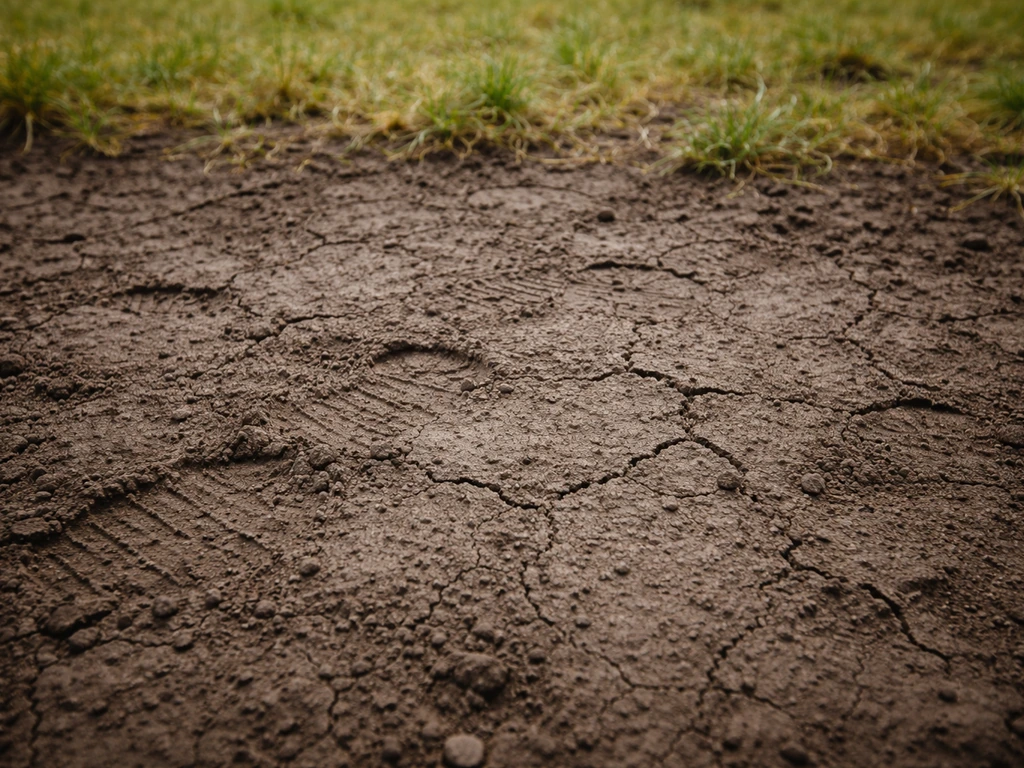 Gros plan sur une terre argileuse compacte avec traces de compactage et pelouse clairsemée.