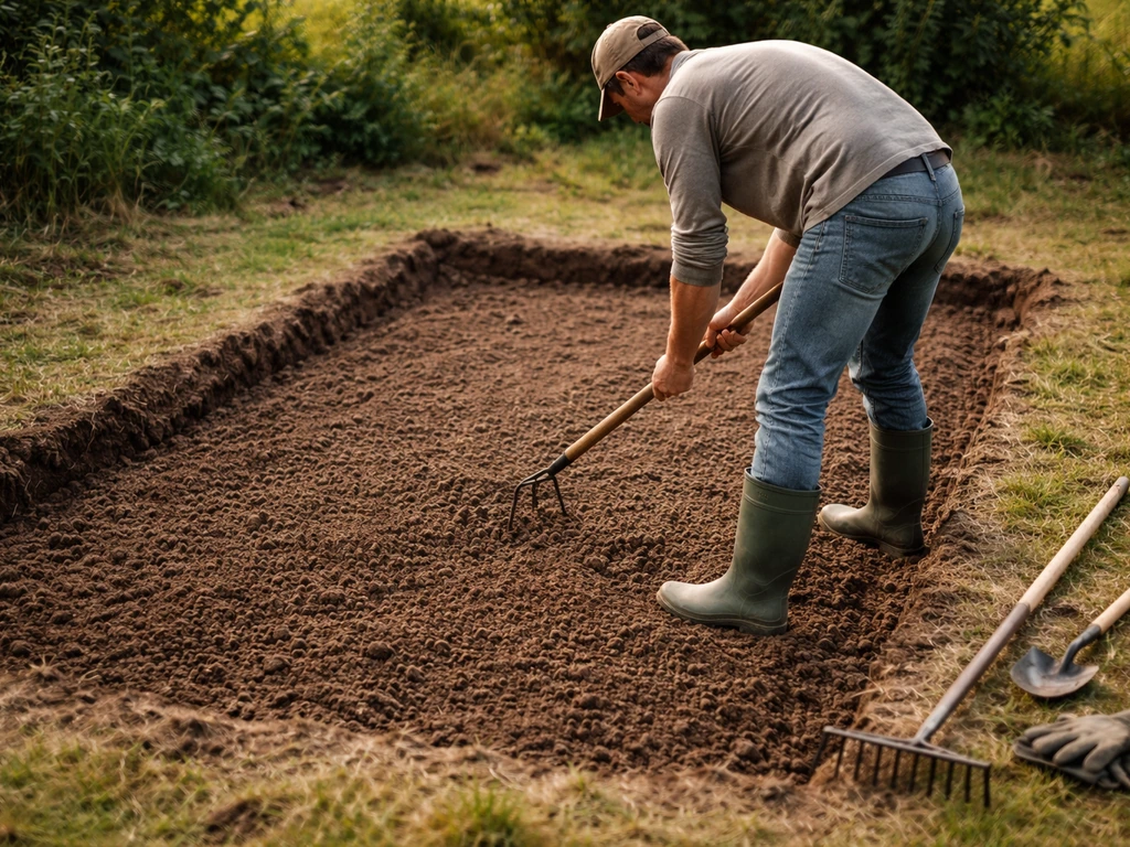Jardinier en train de décaisser et ratisser une terre fraîche avant semis, profondeur de travail visible.