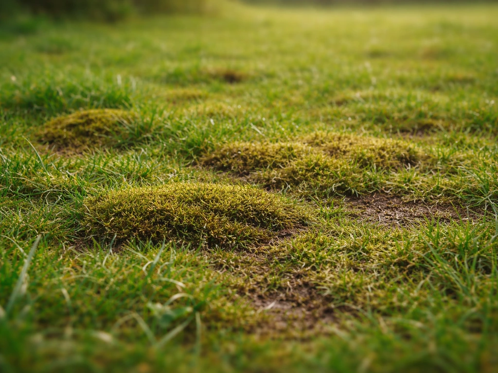 Gros plan sur une pelouse où de la mousse recouvre des zones, avec herbe sombre et sol compacté.