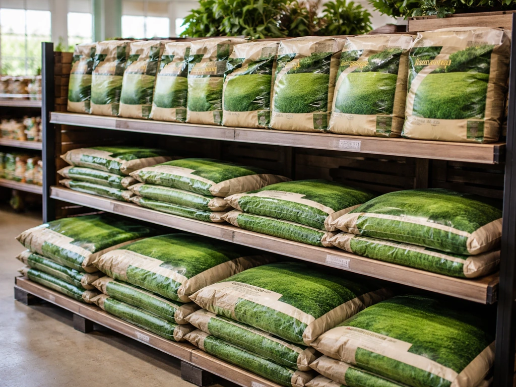 Rayons de magasin de jardinage en France avec sacs de gazon Vilmorin bien visibles