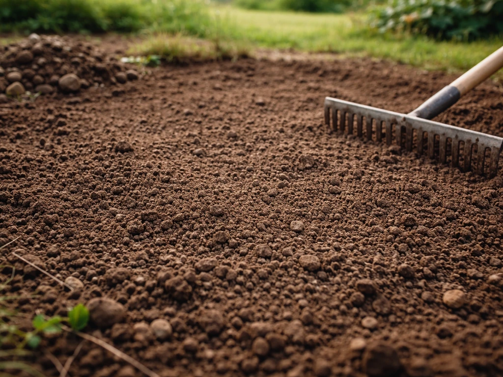 Gros plan d’une terre fraîche bêchée, débarrassée de pierres, surface nivelée au râteau