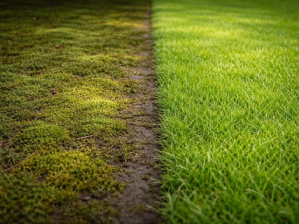 Pelouse avec taches de mousse près d’une zone ombragée et sol humide, contrastant avec un gazon plus sain.