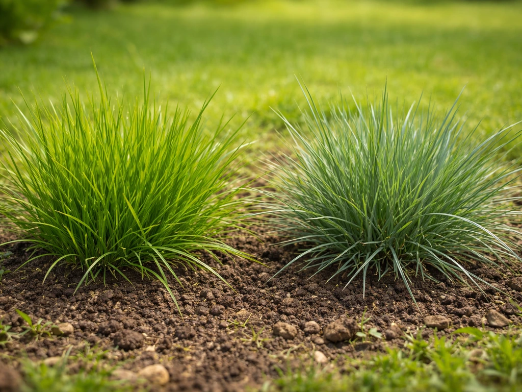 Deux touffes d’herbe côte à côte : ray-grass aux brins fins et fétuque plus rustique, sur sol de jardin.