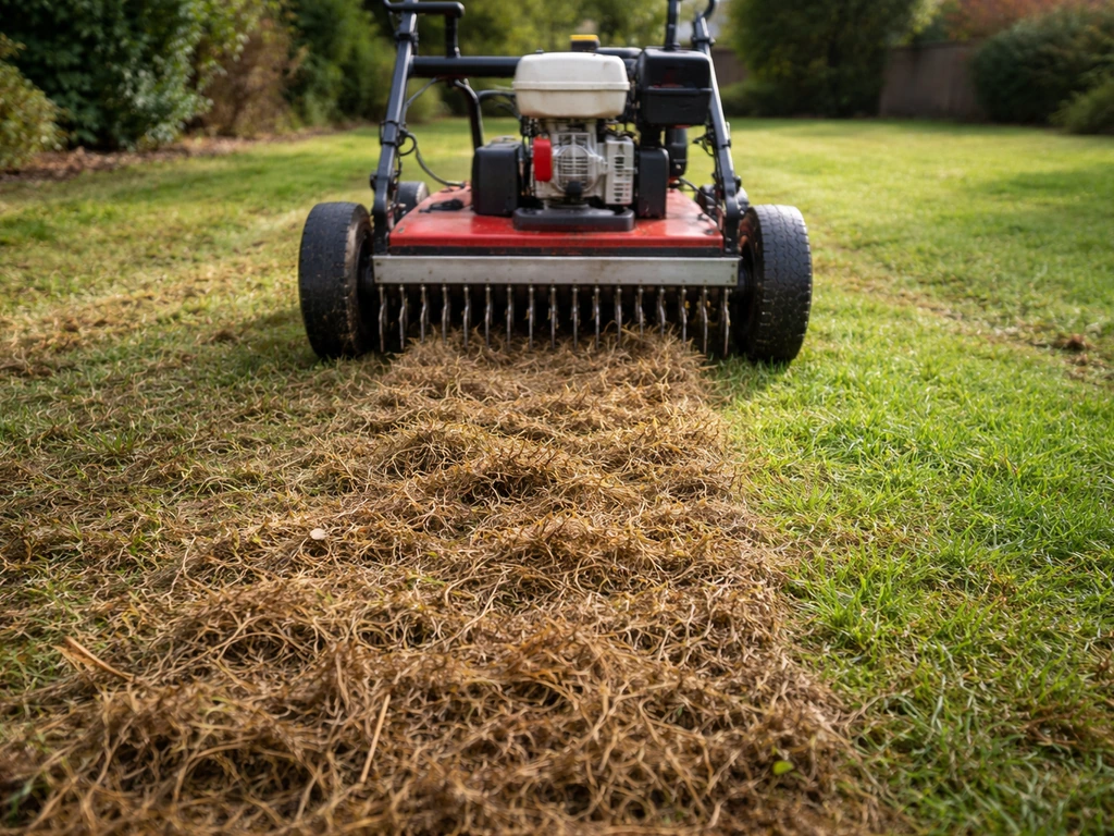 Scarificateur à gazon dans une pelouse, griffes au sol et feutrage soulevé avant regarnissage