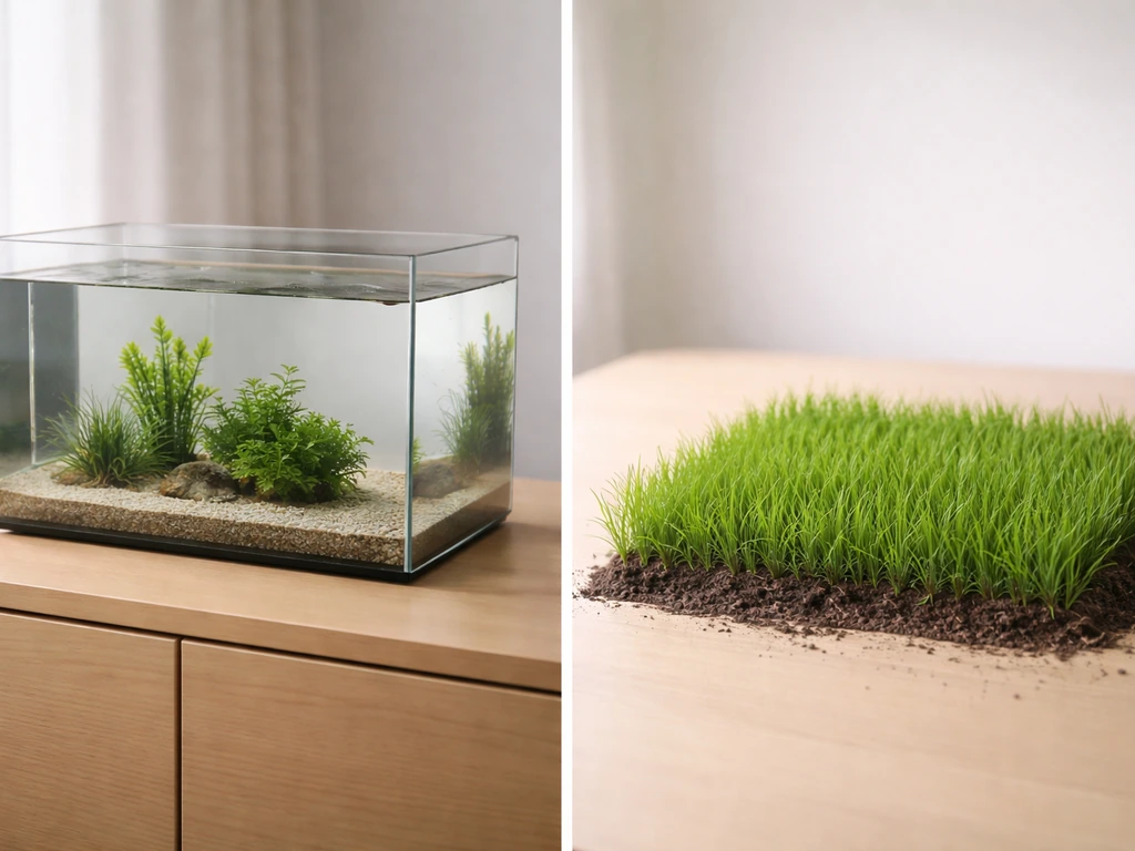 Aquarium transparent à côté d’un petit carré de pelouse en pleine terre, pour illustrer la confusion des termes.