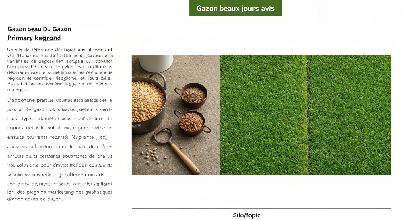Pelouse partiellement regarnie avec mélange de graines et granulés d'engrais au premier plan, arrosoir et petit râteau.