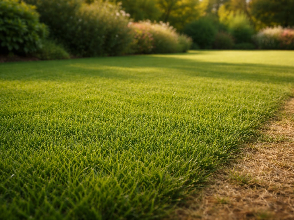 Gazon dense et vert au premier plan, pelouse tolérante à la chaleur et à la sécheresse avec sol bien hydraté en contrast